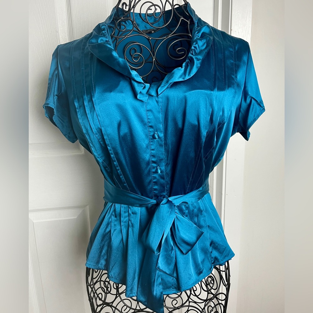 Tobias Teal Blouse with Waist Tie Stretch Silk • Size XL
